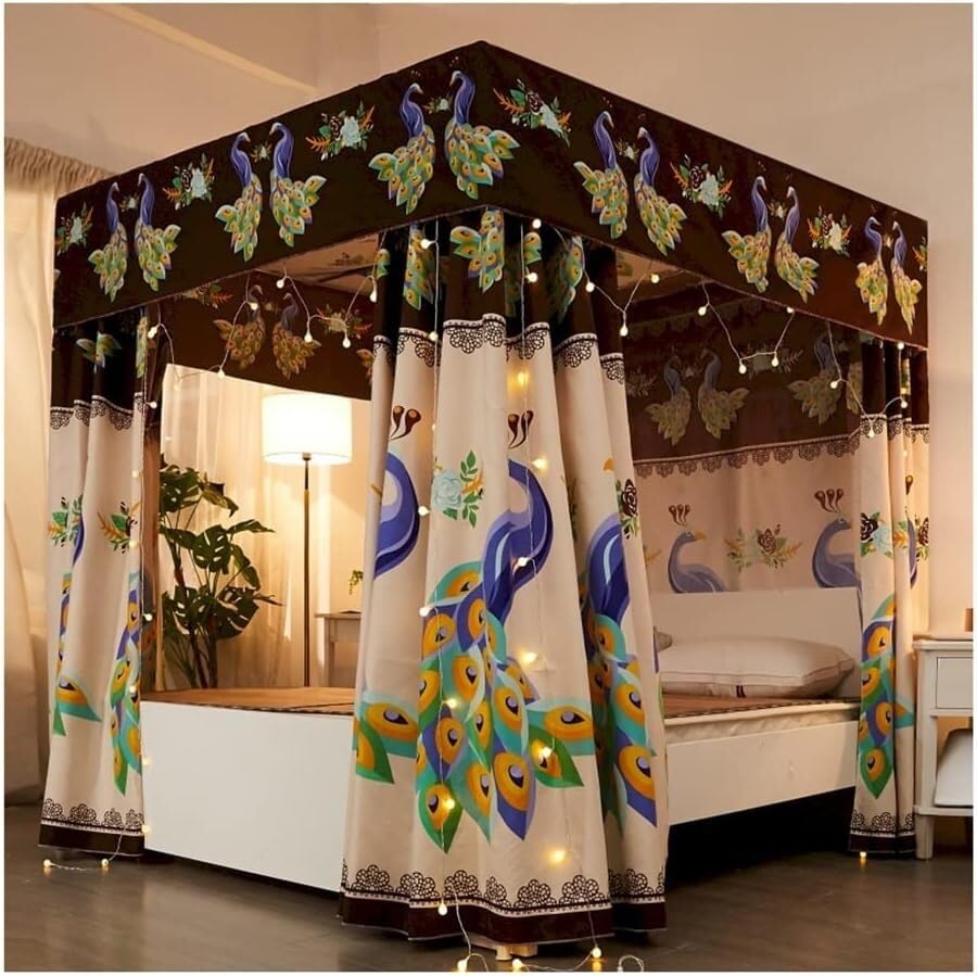 Moustiquaire de lit avec support métal rideau décoratif anti-moustique marron 120x200