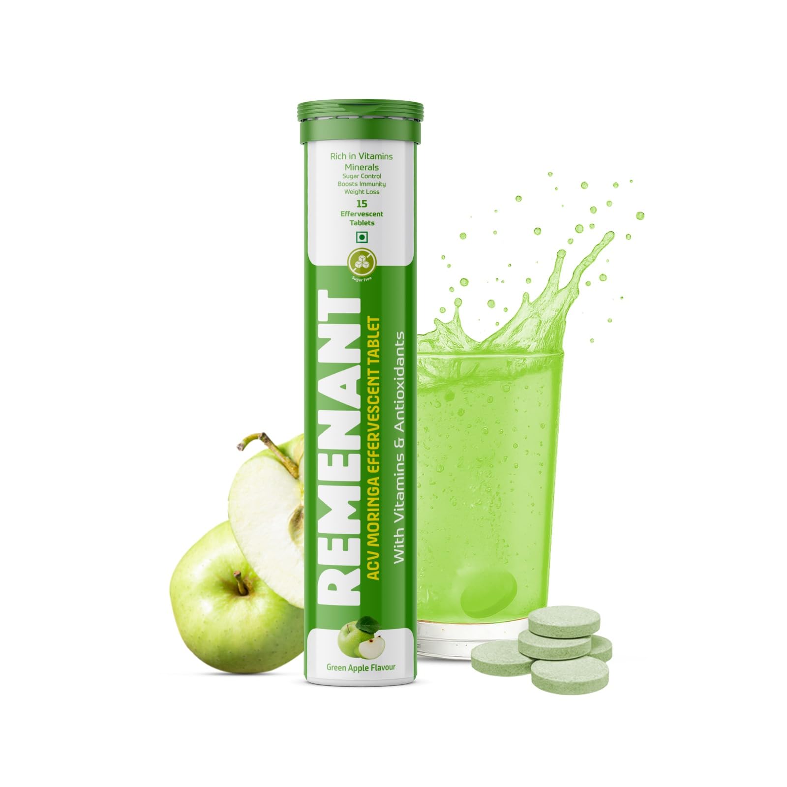 REMENANT ACV Moringa Effervescent Tablets Green Apple Flavour | Apple Cider Vinegar, Moringa, Cinnamon Bark, L-Carnitine & Vitamins | Sugar Free Fizzy Drink Tablets | 15 Effervescent Tablets-image-24