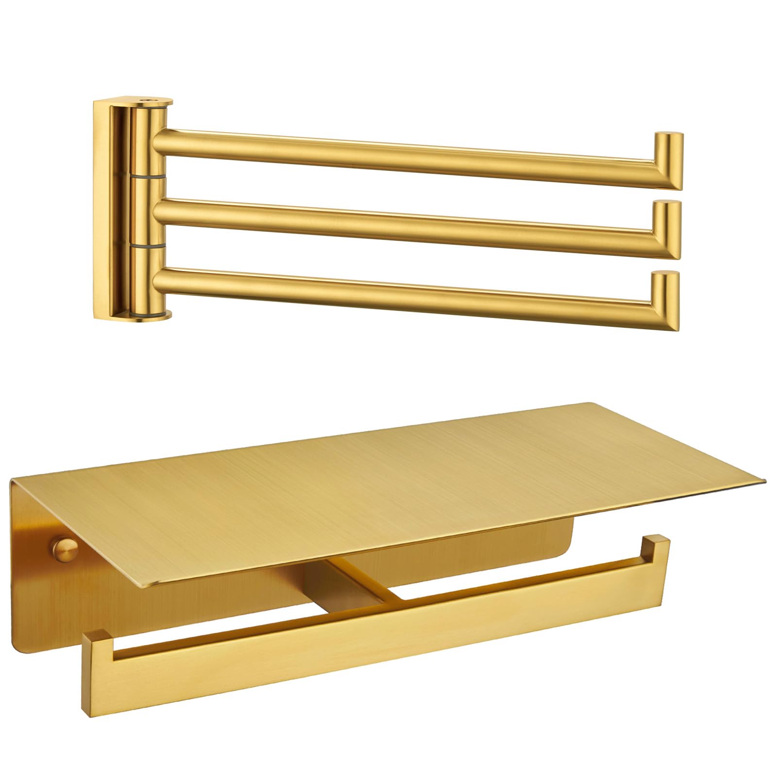 Angle Simple Swivel Towel Bar Bundle with Double Toilet Paper Holder with Shelf (Brushed Gold)