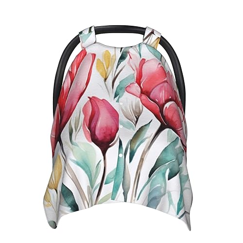 Baby Car Seat Canopy Cover for Mom, Soft Breathable Nursing Breastfeeding Covers Multi Use Stroller Sun Shade Newborn Shower GiftWatercolor Tulip