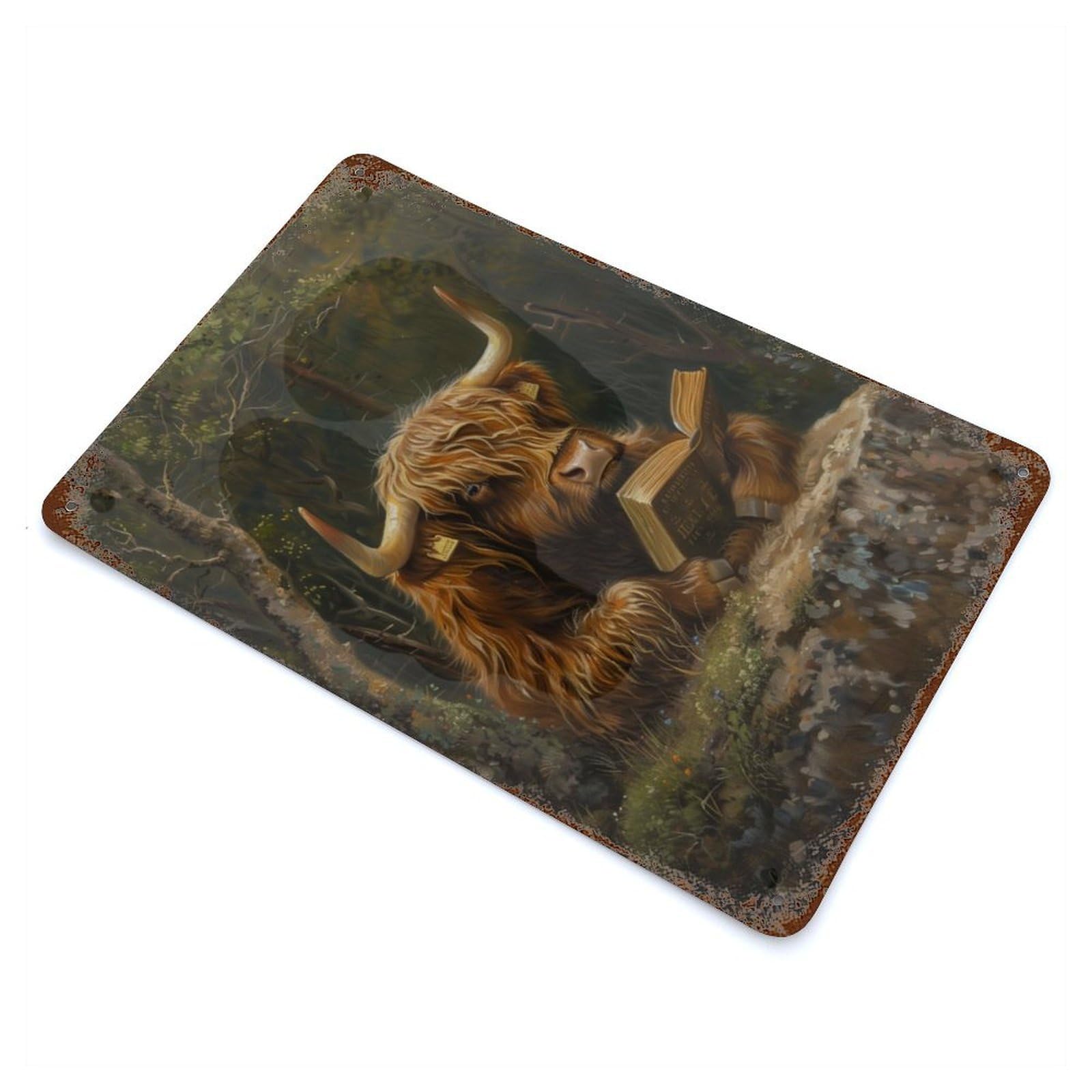 Highland Cow Nature Book Rusty Metal Tin Sign 11.8"x7.9", Shabby Chic Decor for Garage, Bar And Workshop Decor