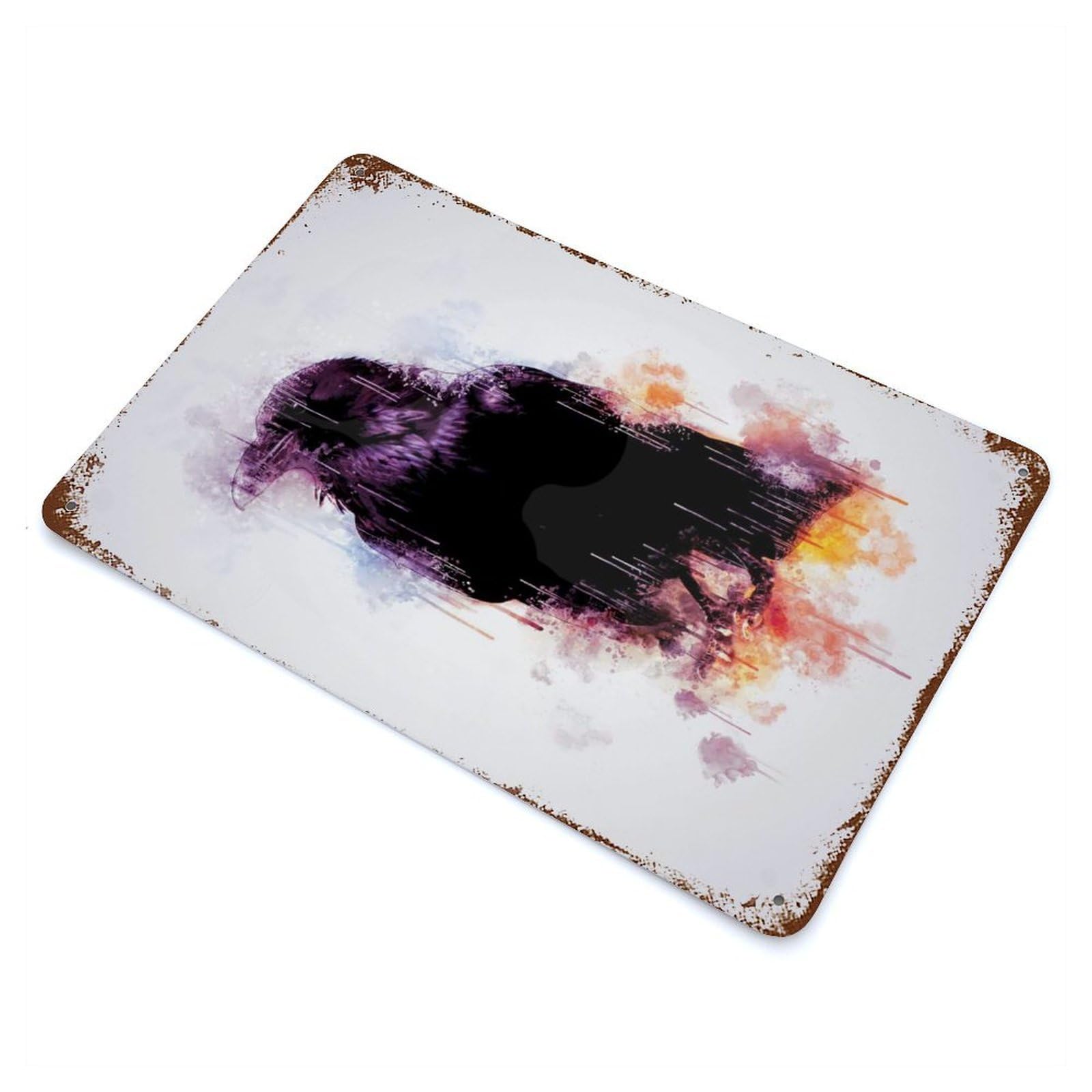 Distressed Metal Wall Sign with Raven Design 11.8"x7.9", for Living Room, Hallway And Home Decor, Vintage Wall Decor