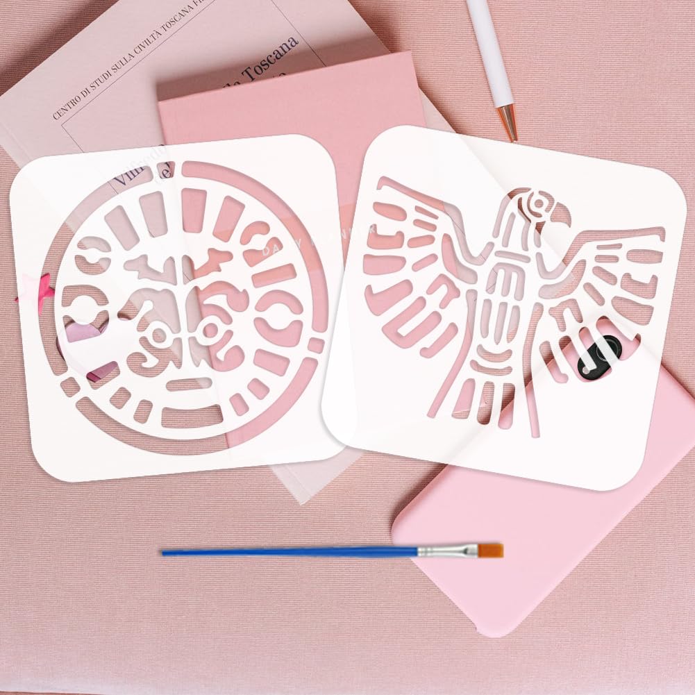 FINGERINSPIRE 9PCS Maya Culture Stencils For Painting With Brush 15x15cm Reusable Aztec Patterns Template Hollowed Maya Totem Stencil Plastic PET Bole Theme Template For Wall Floor Decoration - View #9