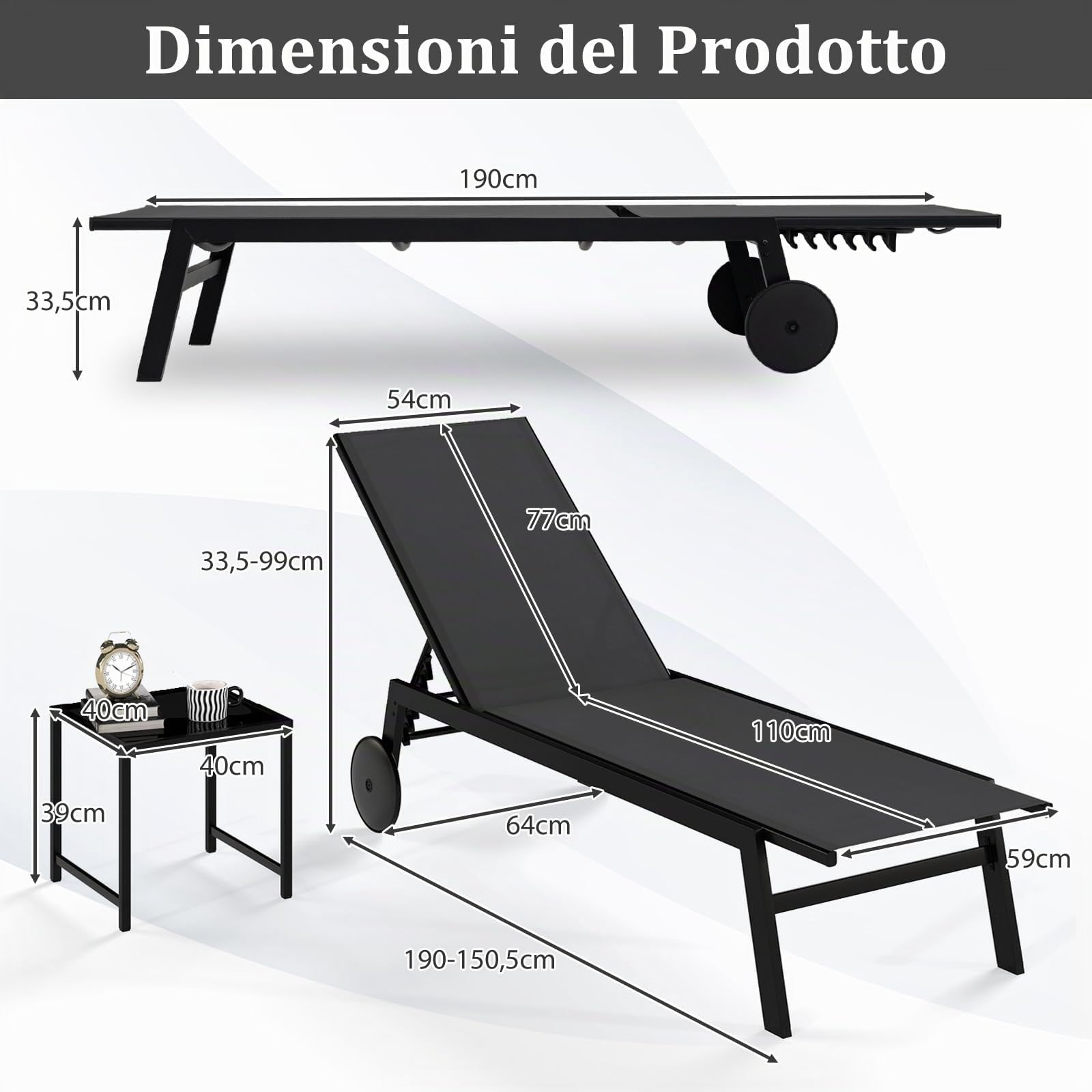 COSTWAY Lettino Prendisole da Giardino con Tavolino, Schienale Rgolabile 5 Livelli, 2 Ruoti, Sdraio da Patio in Tessuto Traspirante, per Piscina Terazza, Portata 150+50 kg (Grigio)