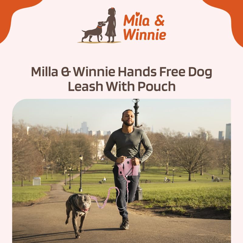 Mila & Winnie Hands Free Dog Leash with Zipper Pouch - Waist Belt with Multi Pockets Bag - Reflective Stitching Bungee with Running Waist Belt & Head Collar for Dogs Training, Jogging, Hiking, Pink