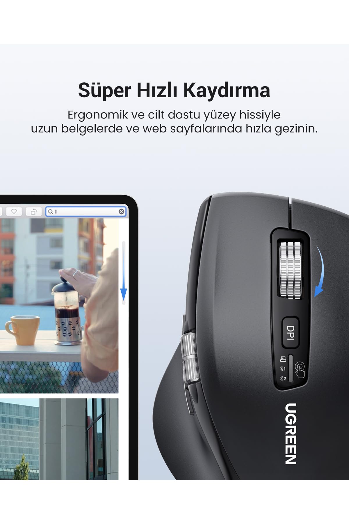 Mysz bezprzewodowa UGREEN 2,4 GHz z Bluetooth z ultraszybkim przewijaniem, ergonomiczna mysz z cichym kliknięciem, zasięg 10 m, kompatybilna z systemami Windows, Linux, macOS, Android i innymi