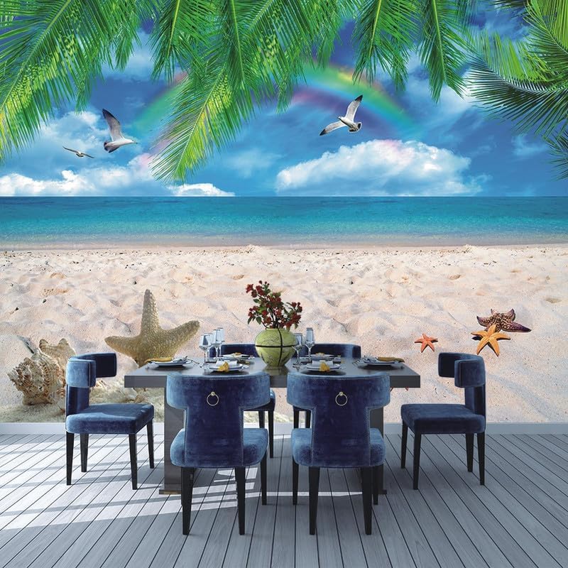 Miniatura 5 de AMUGISH Sunshine Beach - Papel tapiz de gaviota con nubes blancas y cielo azul, mural de pared de árbol de coco para dormitorio, sala de estar (79