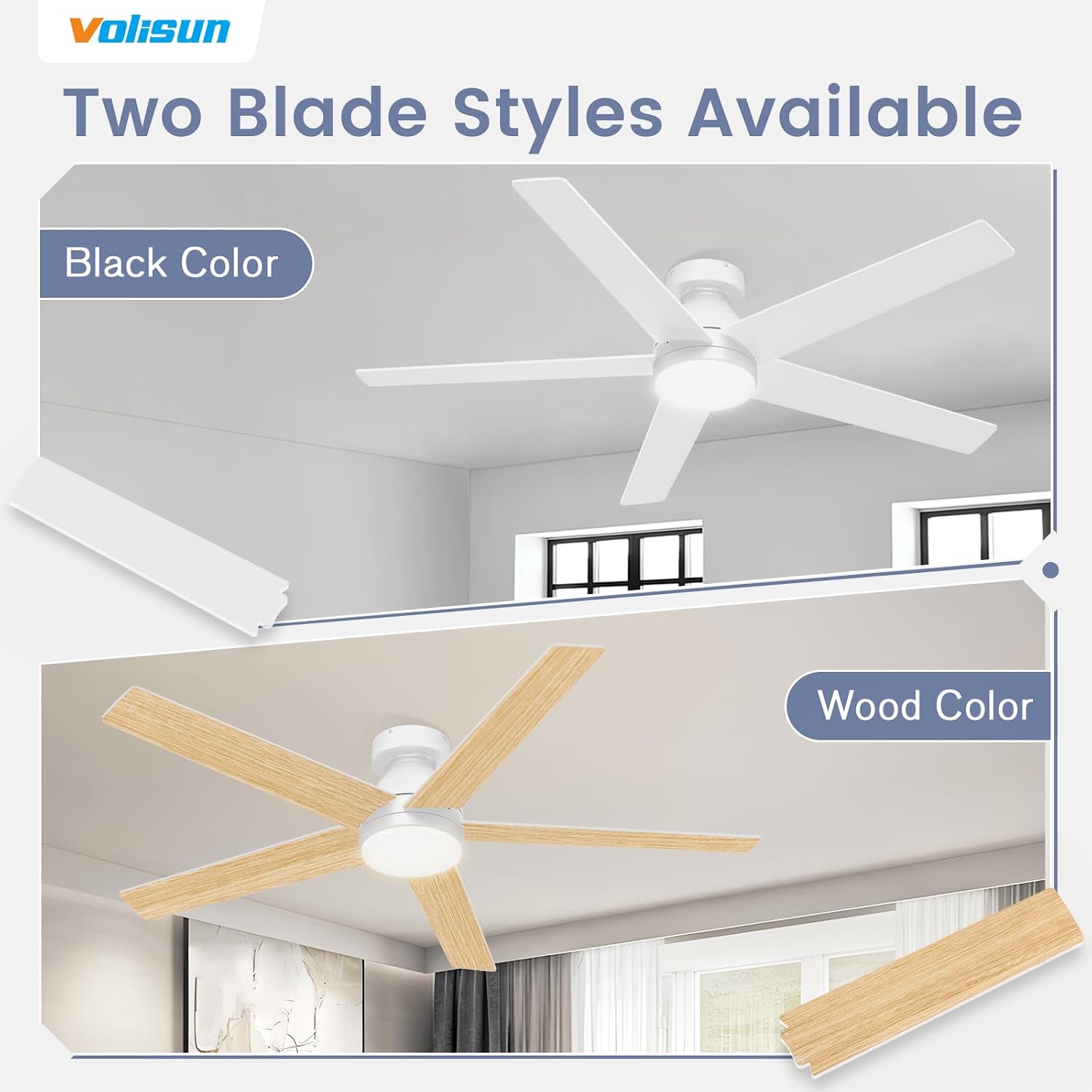 VOLISUN Ceiling Fan showing two blade styles: white and wood grain.