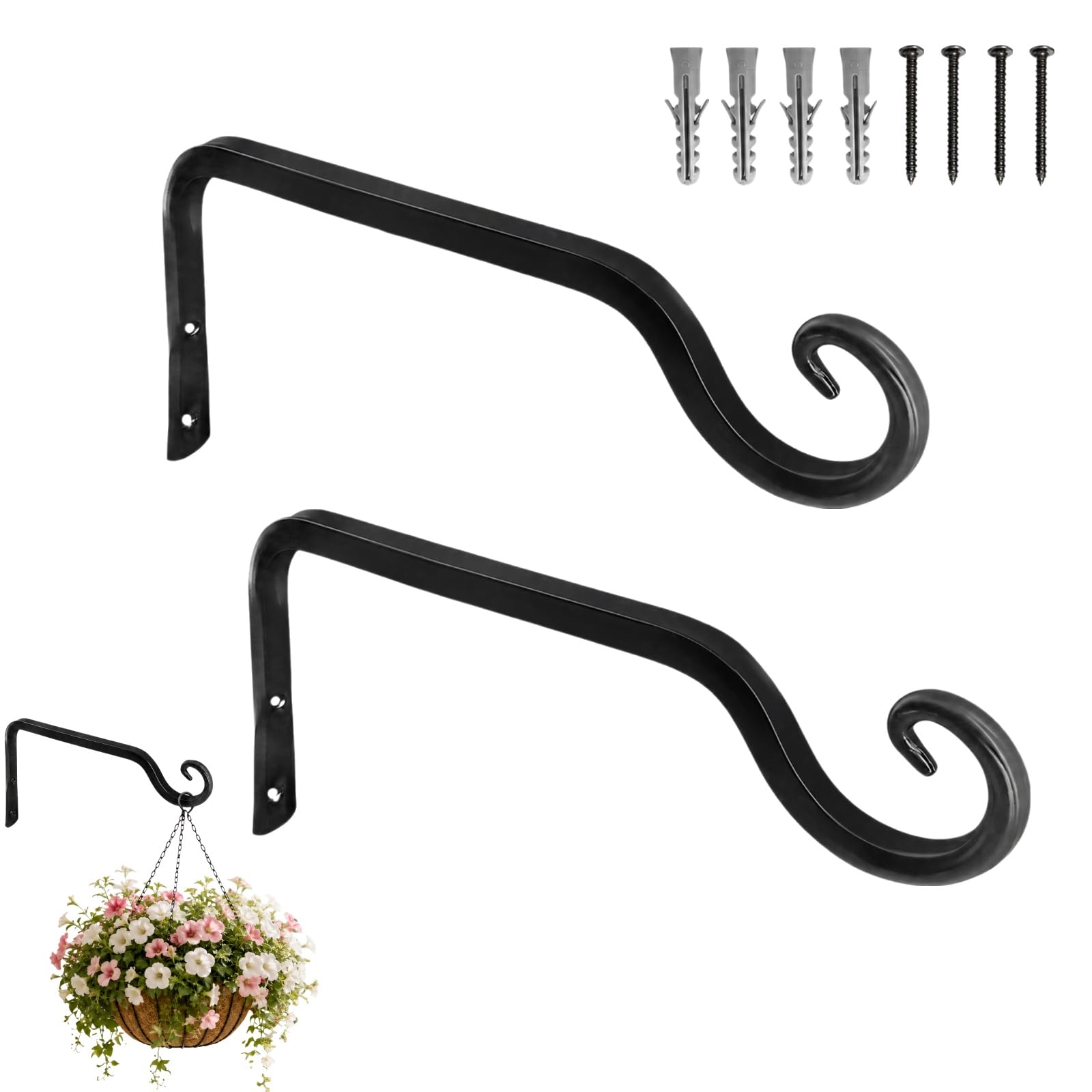 VBK Heavy Duty Hanging Basket Brackets, 10 Inch, Black Metal Hooks, Wall Plant Hangers for Garden Fence, Outdoor and Indoor, Lantern Bird Feeder Flower Windchime, Rust Resistant, 2 Pack Set