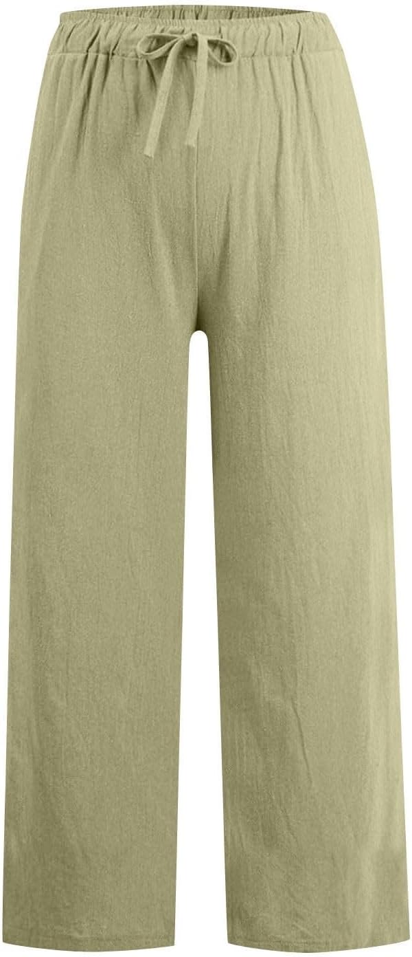 Pantaloni Donna Larghi In Lino E Cotone Con Vita Alta Elastica E Tasche - Eleganti E Casual