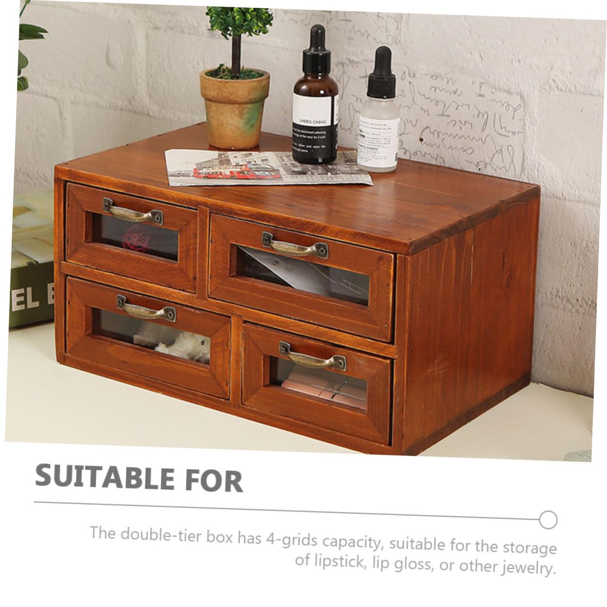 TOPBATHY Organizador de Encimera de Madera de Doble Capa con Cajones de Almacenamiento, 4 Cajones y 4 Compartimentos para Oficina