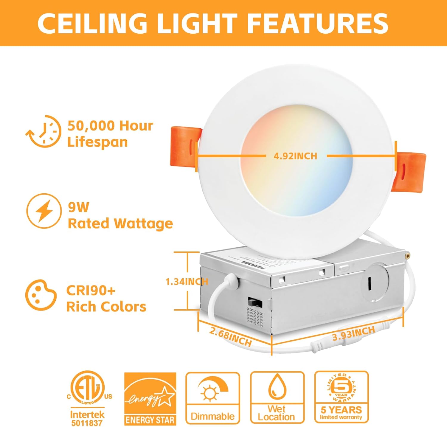 OKQ 6 Pack 4 Inch 5CCT Ultra-Thin LED Recessed Ceiling Light with Junction Box, 12W Dimmable High Brightness Canless Wafer Downlight for Kitchen,Bathroom,Living Room,Hallway -ETL&FCC