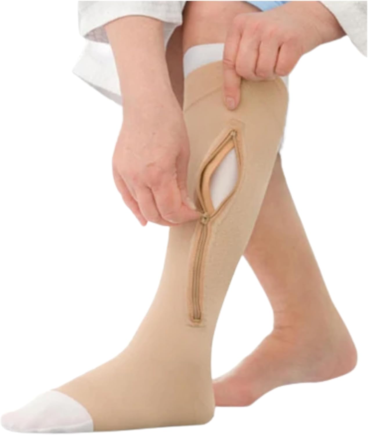 Jobst Ulcercare Therapeutic Open Toe Knee High 40 mmHg Compression Stocking with Zipper and Liner-Large-Beige-Regular-Open Toe-Left