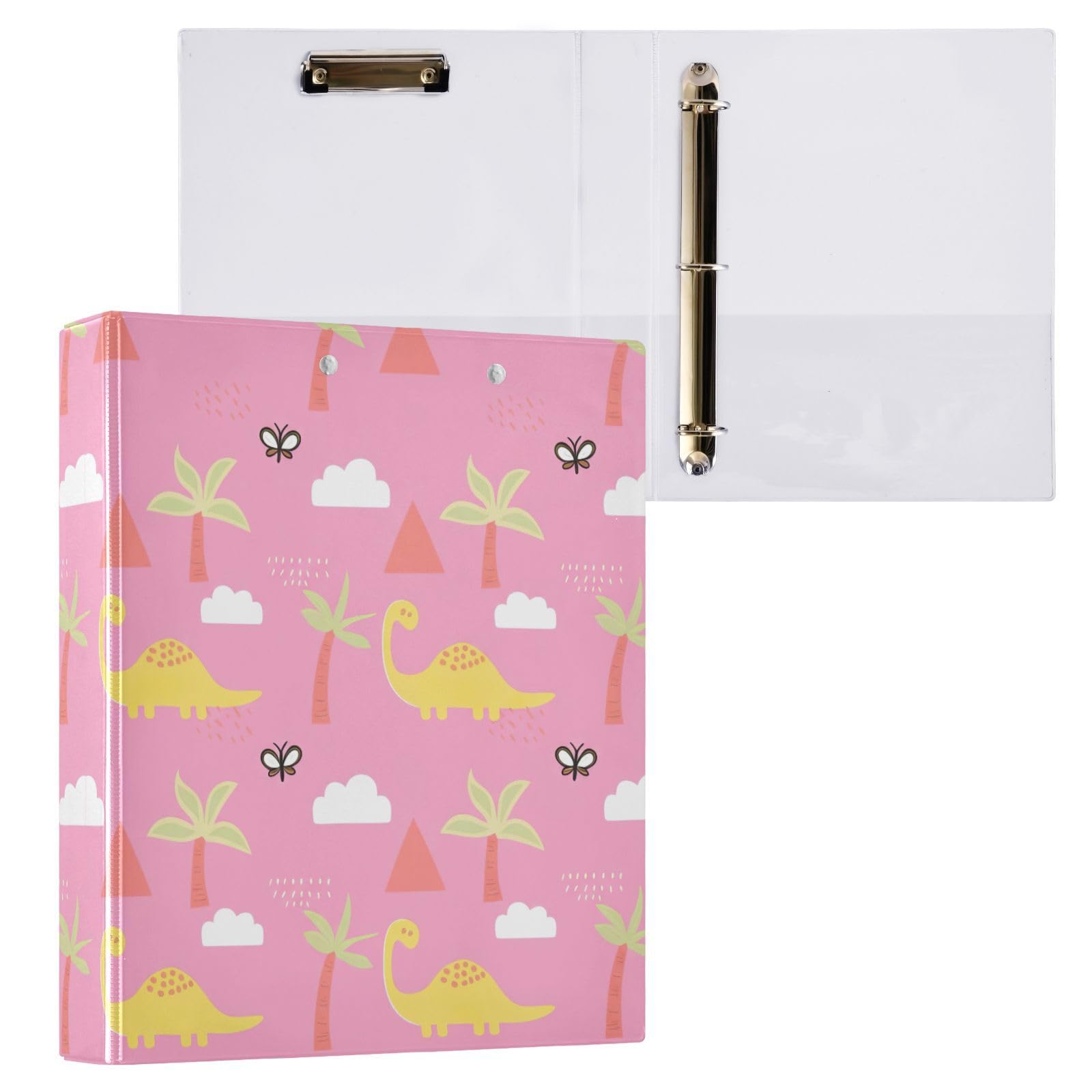 Confezione da 2 raccoglitori ad anelli con 3 anelli, motivo dinosauri rosa e gialli, con tasche grandi, per scuola, università, ufficio