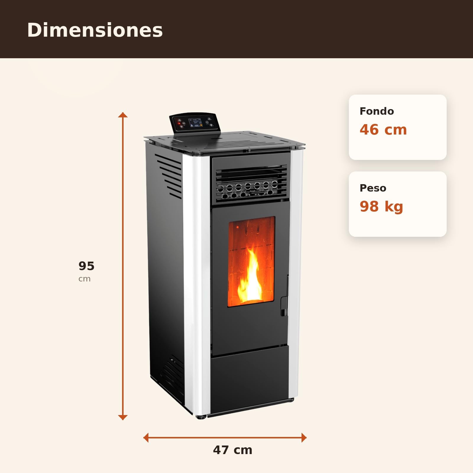 EIDER BIOMASA Estufa de Pellets KING 10 – 9,89 kW – Rendimiento 92% – Hasta 245 m³ – Tolva 15 kg – Programable WiFi – Encendido Rápido – Clase A+