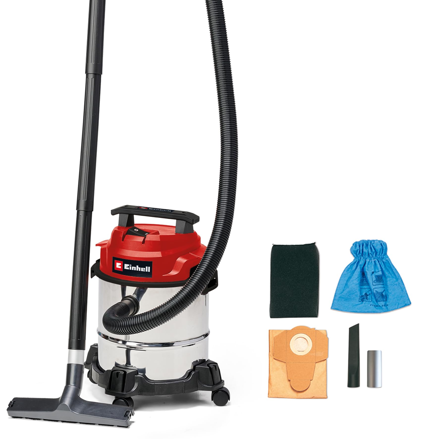 Einhell TC-VC 1812/1 S odkurzacz do pracy na mokro i sucho (1250 W, moc ssania: 180 mbar, 4 kółka obrotowe, zbiornik 12 l, w zestawie dysza szczelinowa i dysza kombi, filtr piankowy, worek do