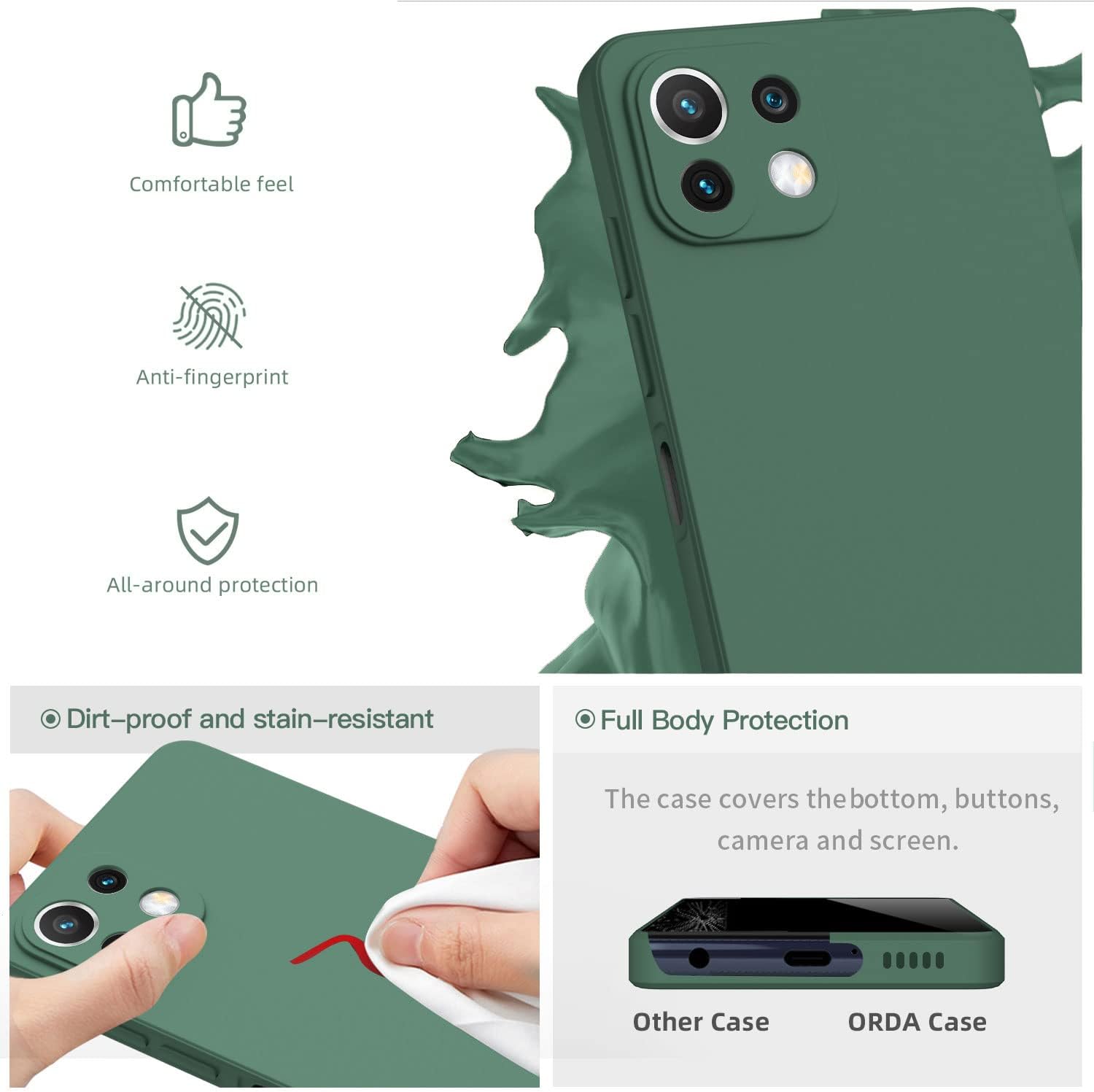 ORDA Xiaomi Mi 11 Lite 5G Case Silicone Ultra Thin with Microfiber Anti-Scratch Full Body Protection for Xiaomi Mi 11 Lite 5G - Green