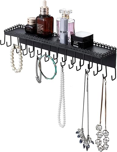 MyGift Organizador de joyas colgante de metal negro de 4 niveles con 18 ganchos, soporte para aretes y collar, estante de exhibición de pulseras,