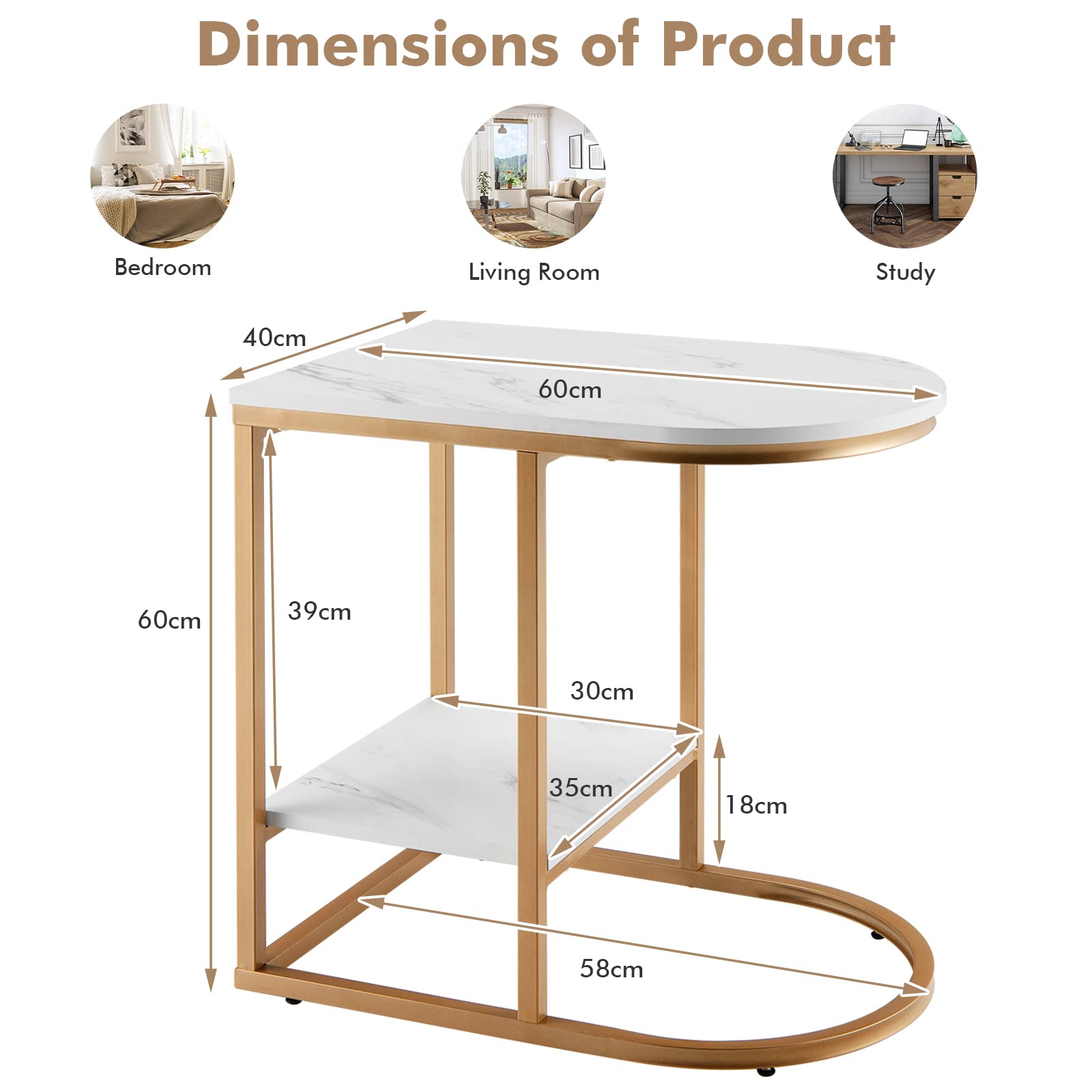 LIFEZEAL Tavolino effetto marmo, tavolino da caffè oro, divano a forma di C con ripiano, tavolo da soggiorno con struttura in metallo, tavolo laterale per soggiorno, camera da letto e ufficio, moderno
