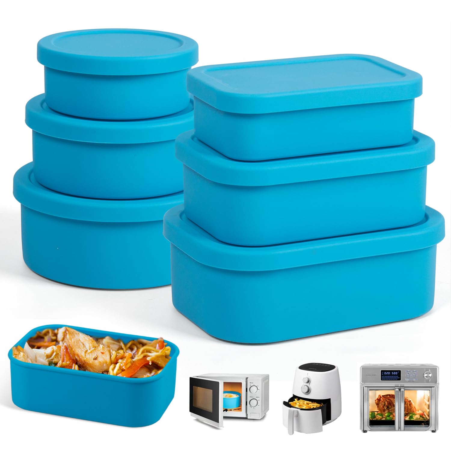 Juego de 6 recipientes de silicona para almacenamiento de alimentos con tapa, recipientes de silicona de carcasa dura con líneas de medición, microondas, congelador, horno, lavavajillas, sin
