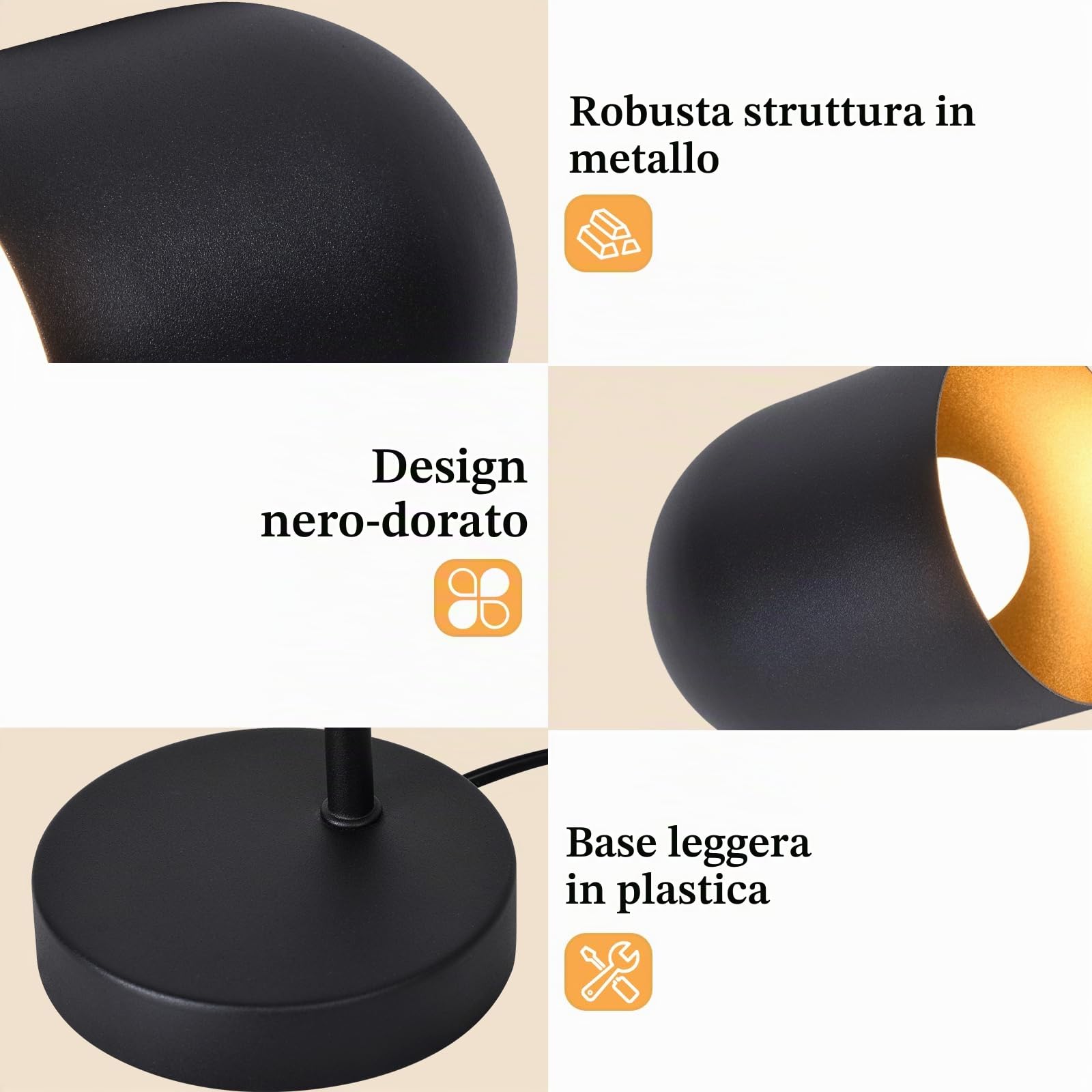 Lampada da tavolo lampada da comodino vintage retrò: lampada da tavolo da soggiorno industriale in metallo nero oro E14 lampada da comodino rustica con cavo lampada da letto - senza lampadina