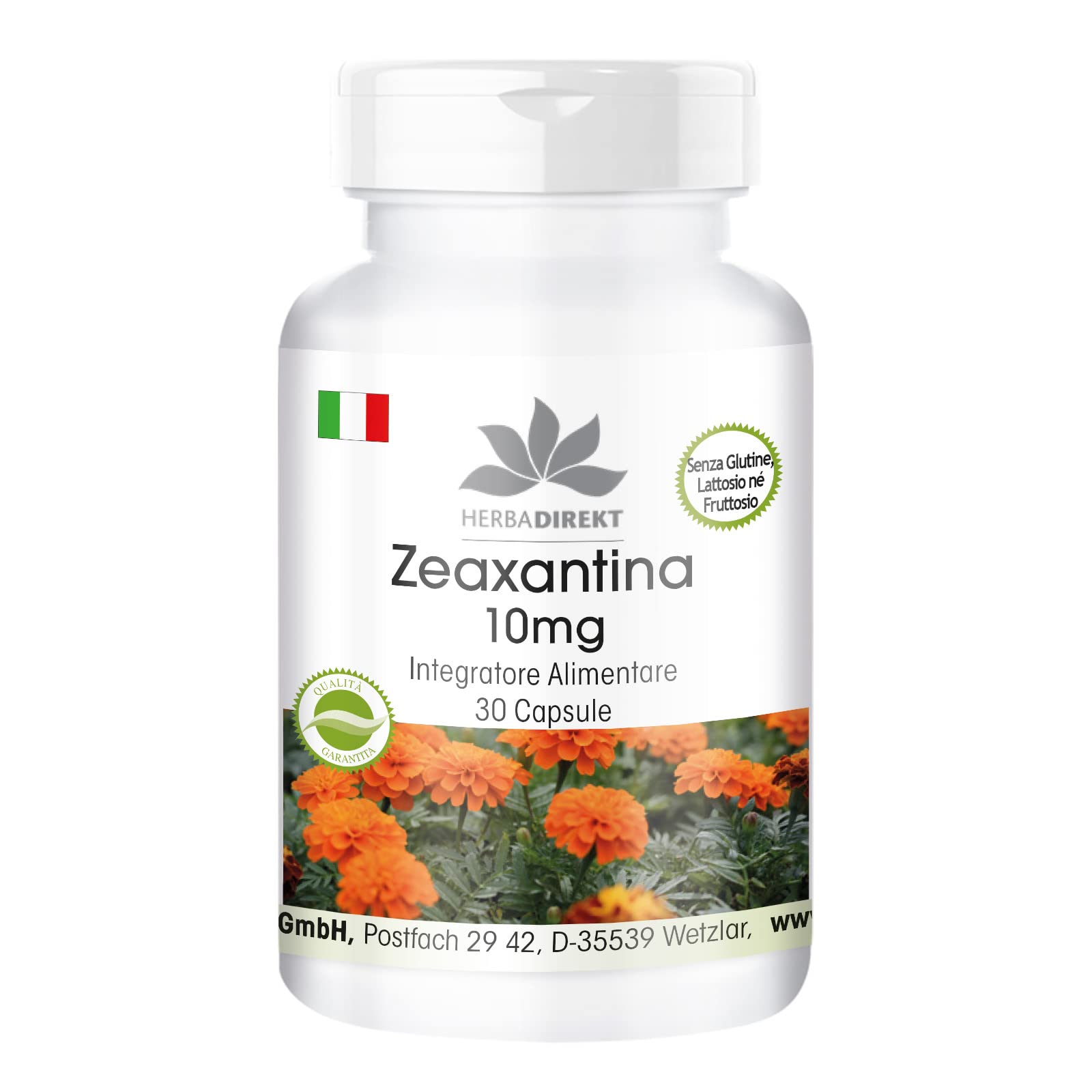 Zeaxantina 10mg - Ottenuto da 50mg d’estratto dai fiori di calendula - 30 capsule - Vegan | HERBADIREKT by Warnke Vitalstoffe - Qualità da farmacia tedesca