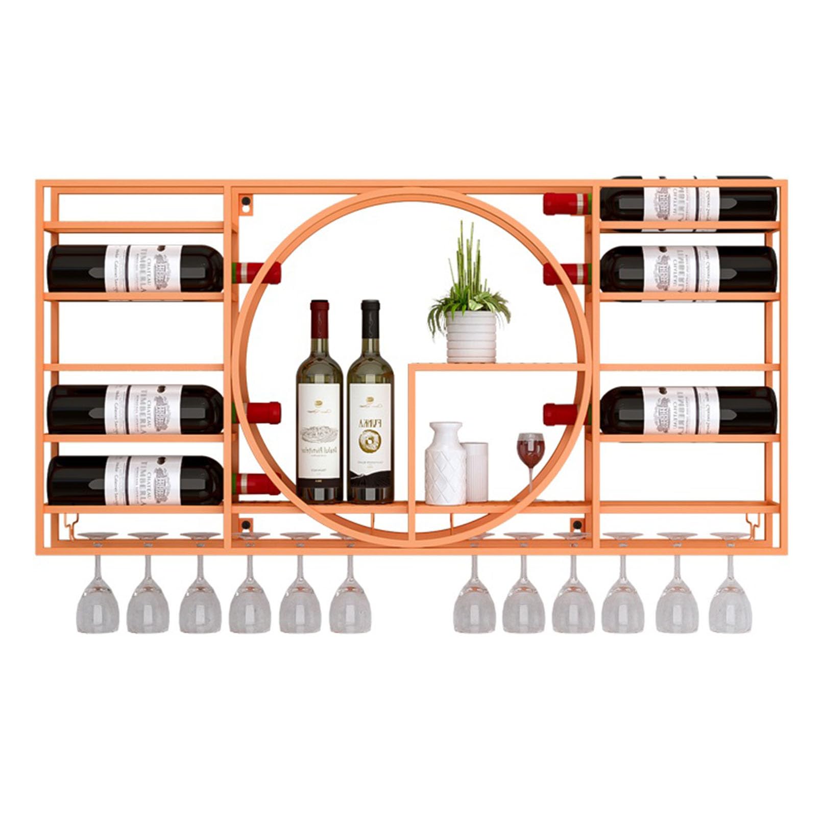 Étagère à vin murale en fer forgé avec support verres à pied et espace plantes