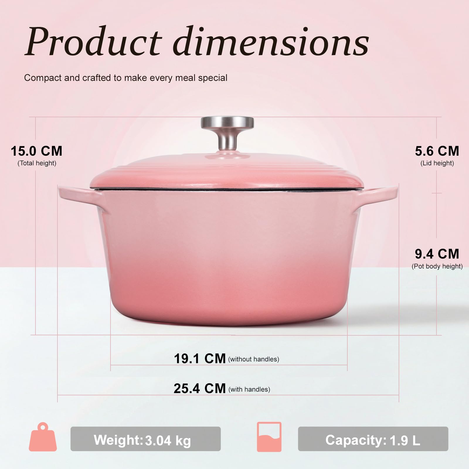 OVERMONT Cocotte Cœur en Fonte Émaillée, 1,9 L, Rose Pastel | Avec couvercle et livre de recettes; idéale pour cuire, mijoter et rôtir; cadeau élégant pour mariage et fêtes.