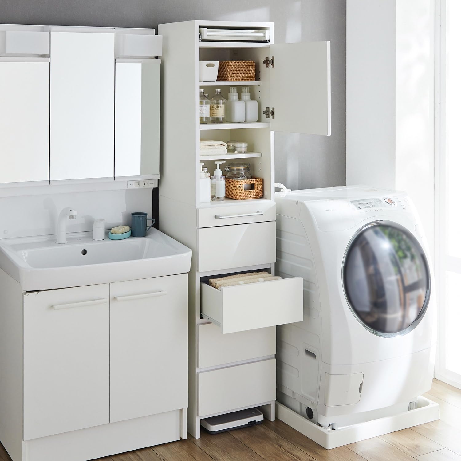 タオルが干せるサニタリーキャビネット ランドリーラック 送料込 タオルが干せるサニタリーキャビネット（洗面所収納/隙間収納）｜通販