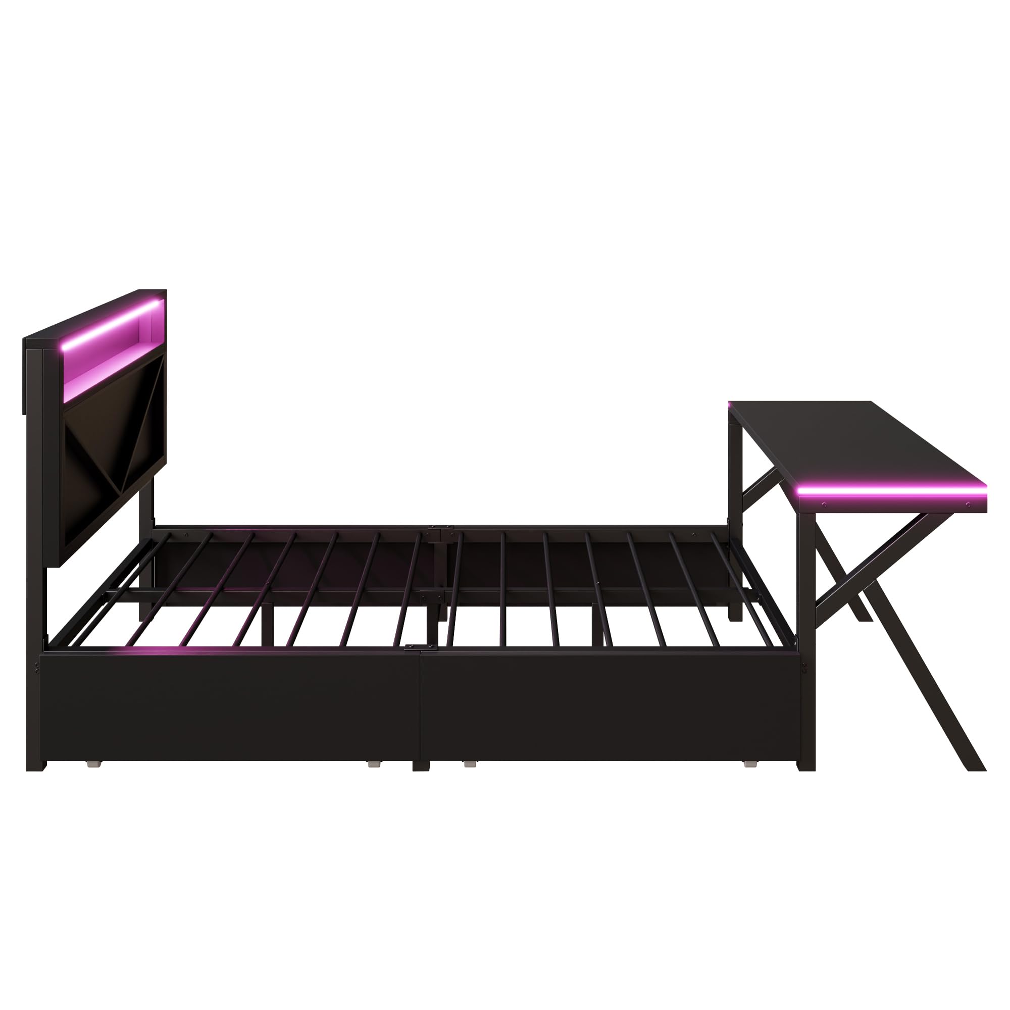 Plattformbett 140x200cm, Metallbett mit LED-Kopfteil&LED-Schreibtisch