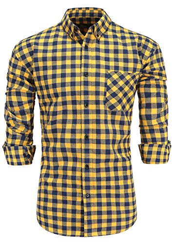 Emiqude Men's 100% Cotton Slim Fit Long Sleeve Flannel Plaid Button Down Dress Shirt Medium Navy Yellow