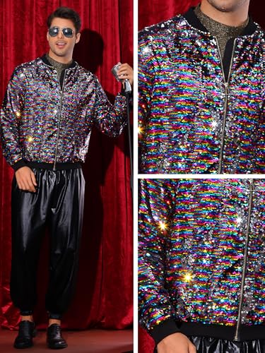 Image of Lars Amadeus Sequin Varsity Jacket for Men's Zipper Party Disco Flip-Sequin Shiny Bomber Jackets