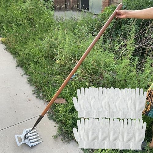 草刈り レーキ ステンレーキ 草取り道具 熊手6本爪 雑草プラー 多機能 長い柄 軽量 金属製 緩め土壌 草引きレーキ 草取り用くわ 雑草取り器具 鍬付き 草刈り 両用鍬 家庭の除草/溝掘り/土壌の緩み/播種/平削 園芸用 庭用熊手 雑草対策