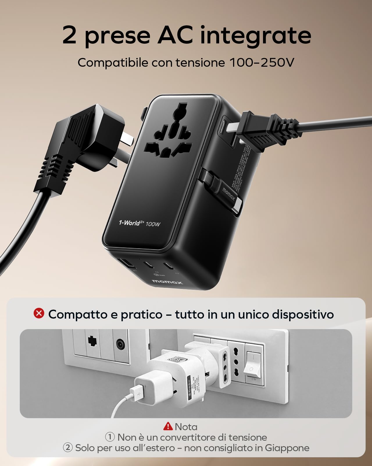MOMAX Adattatore da viaggio universale da 100 W con cavo estensibile, spina da viaggio universale con 2 prese CA, 3 porte USB C e 1 porte USB A, adattatore da viaggio internazionale - Nero