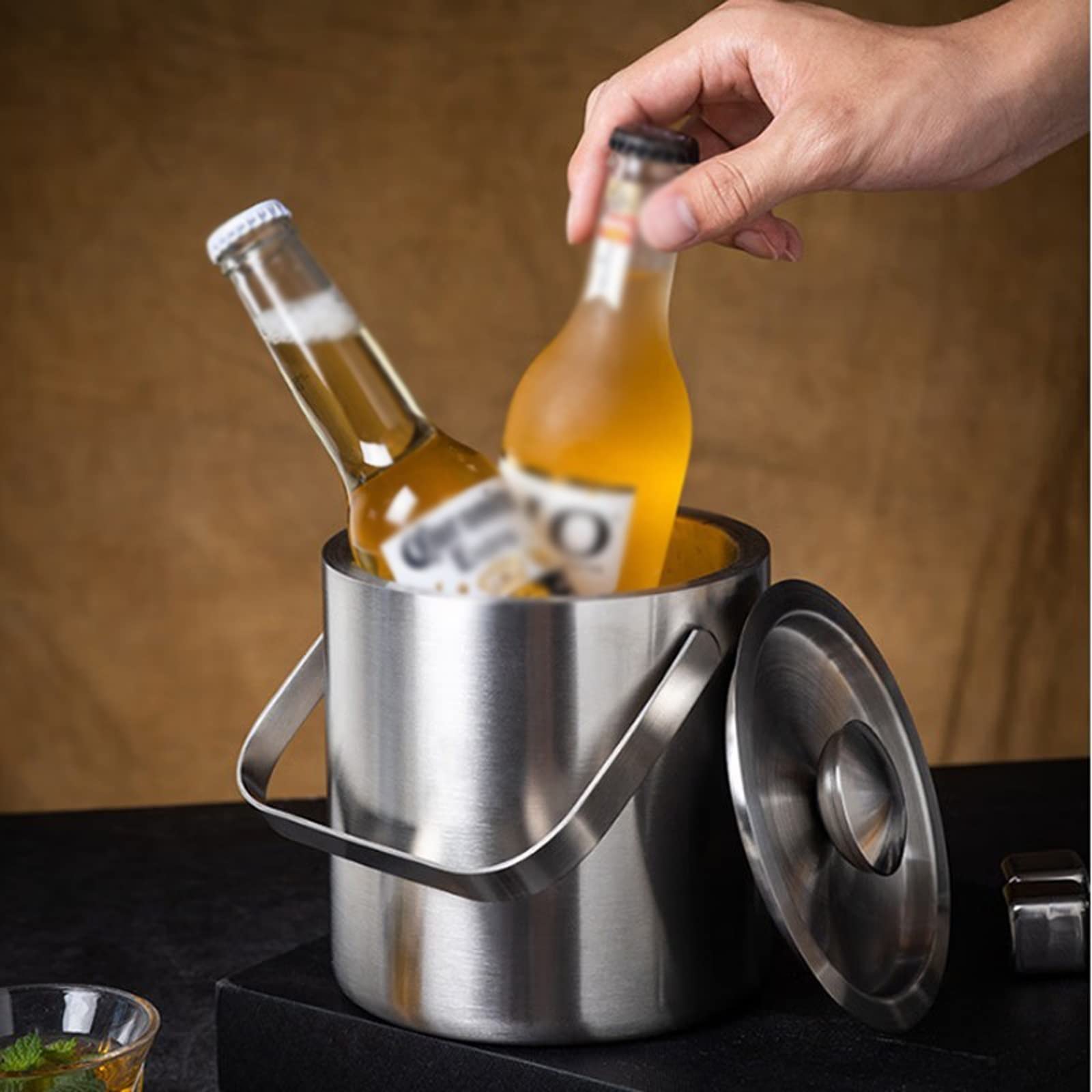 Eiskübel, doppelwandiger Eiskübel aus Metall mit Deckel, 1,3 l, isolierter Eiskübel aus Edelstahl für die Bar, Wein, Zubehör für die Hausbar, Partys, Champagnerkübel, Eiskübel aus Edelstahl, Getr