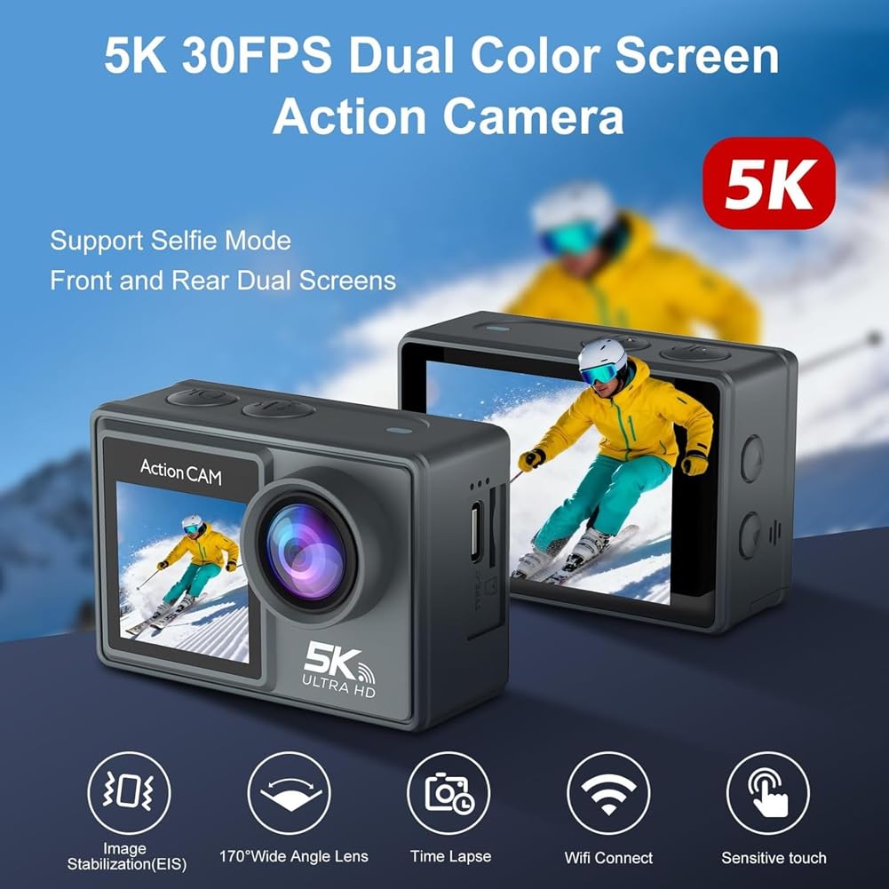 Fotocamera Subacquea Impermeabile 5K Action Camera EIS 100FT 5X Zoom Schermo LCD Frontale e Touchscreen Accessori