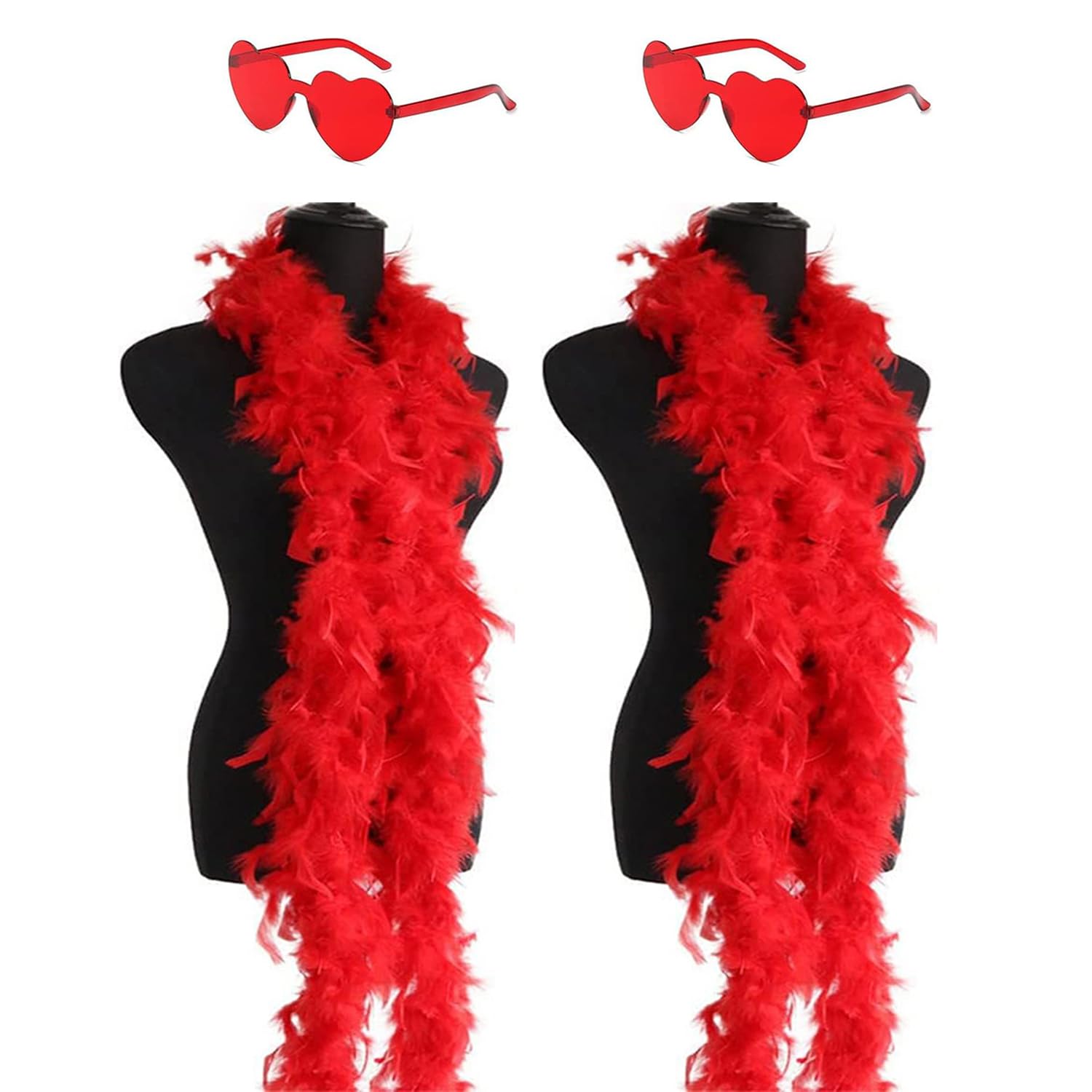 2 Pcs Colorful Feather Boas, with Heart Rimless Sunglasses， 6.6ft Chandelle Turkey Feather Boa for Women for Dancing Wedding Party Halloween.
