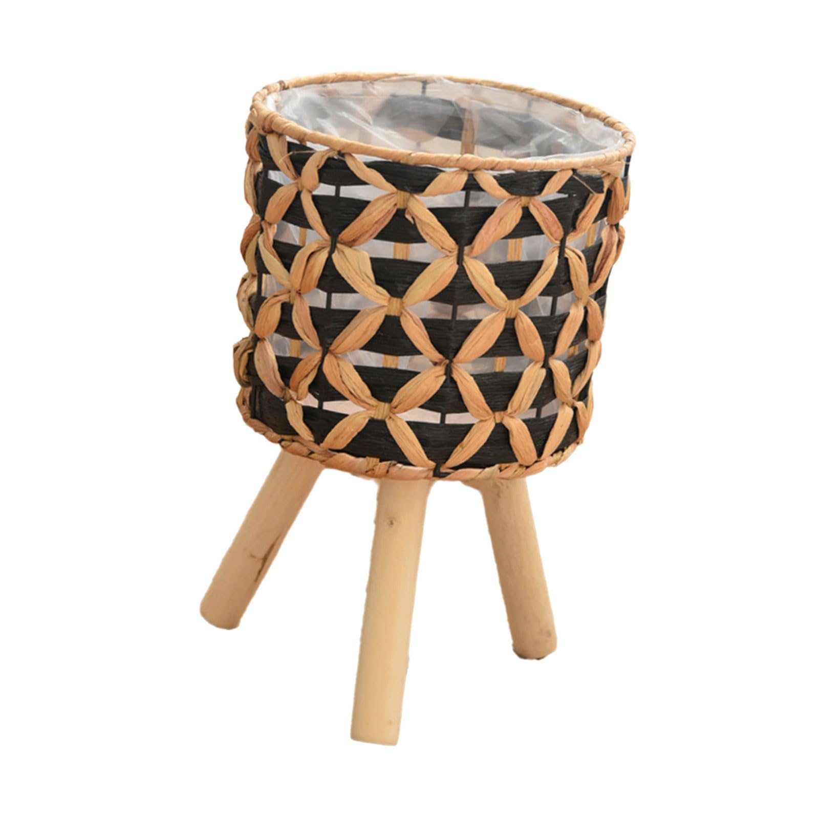 Msioytog Gourd Grass Plant Shelf Flower Pots Holder Stool with 3 Wood Legs Decorative Indoor Planter Storage Basket Indoor Plant Stand