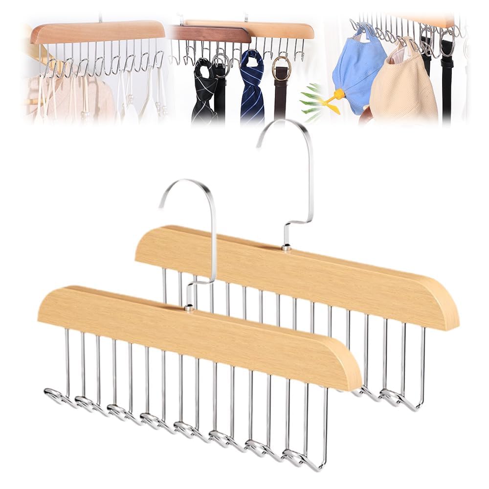 2PCS Wooden Belt Hanger for Closet with 8 Hooks Anti Slip Multi Hook Coat Rack Multifunctional Hanger with Multiple Hooks for Ties Scarves (Beige)
