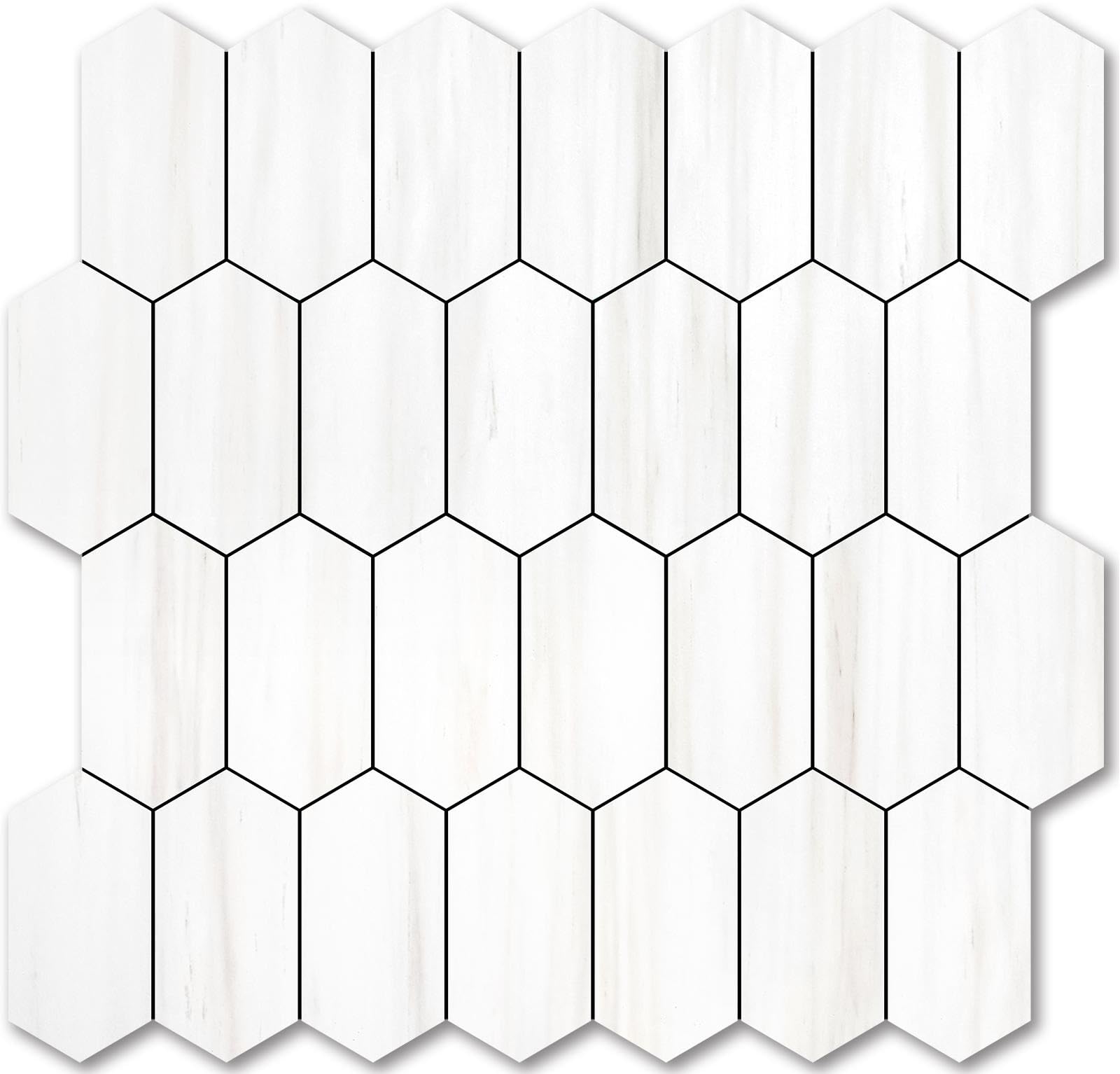Vamos TileLong Hexagon Peel and Stick Backsplash Tile - 10 Sheets Stick on Backsplash for Kitchen and Bathroom 12.4 x 12 Inch Dolomite Marble Look PVC Self Adhesive Mosaic Wall TilesClimeCo Certified