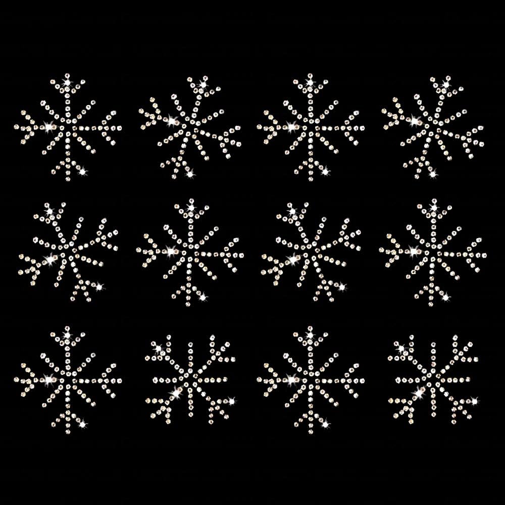 Set of 12 Small Frozen Snowflakes Iron On Rhinestone Crystal T-Shirt Transfers by JCS Rhinestones