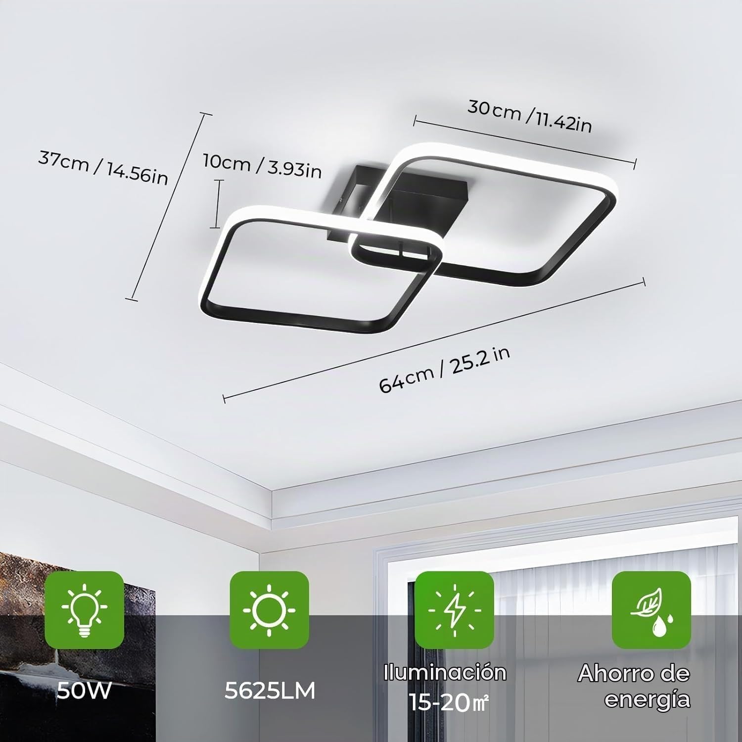 Osairous Lámpara de Techo Regulable, 50W Plafon LED Techo Salon Moderno 5625LM, Luz de Techo Cuadrado con Mando 3000K-6500K para Dormitorio Cocina Comedor Pasillo, 64CM