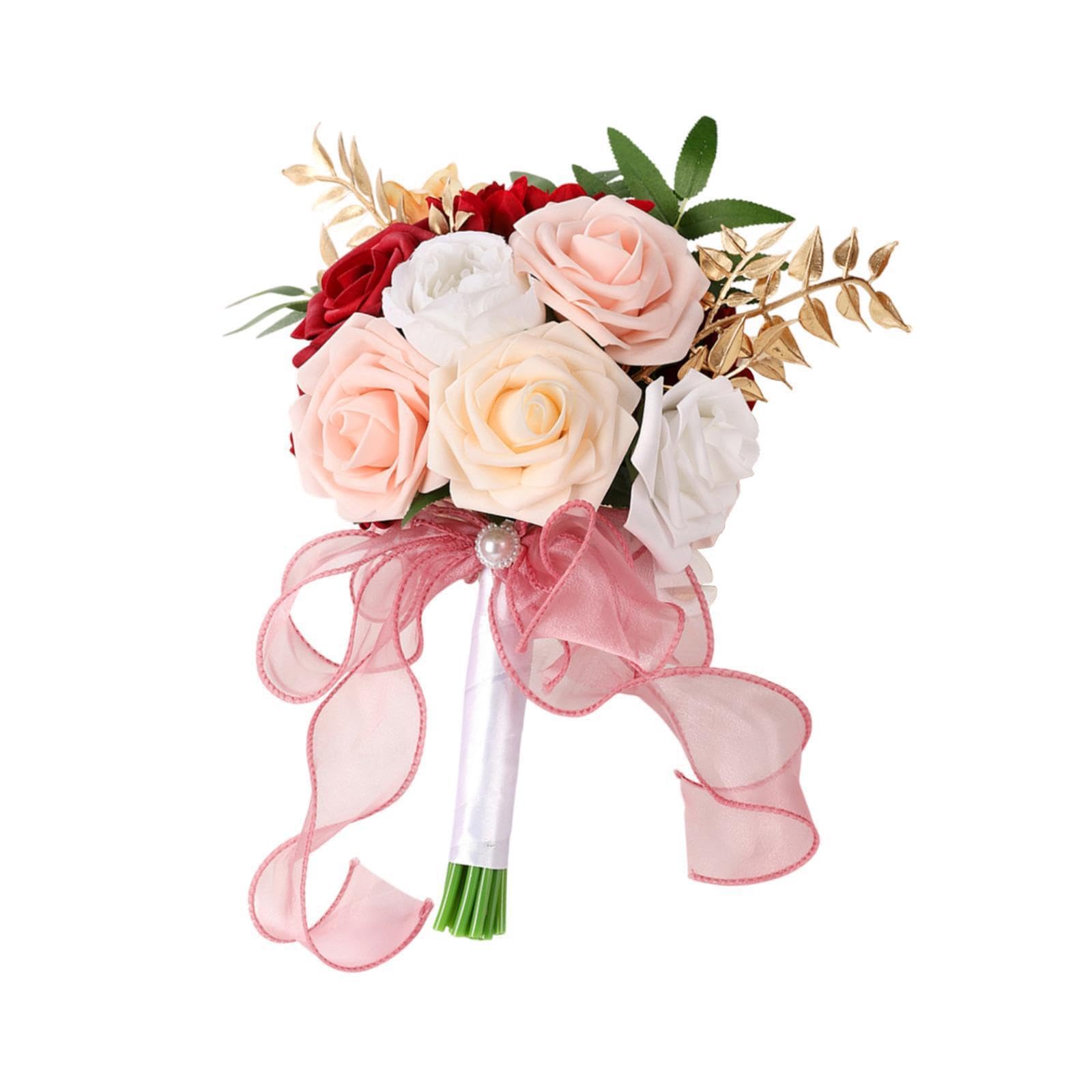 TWISAXC Elegant Artificial Roses Bridal Bouquets Stunning Silk Flowers Hand Arrangements Wedding Floral Decor Artificial Roses Bridal Bouquet Tossing Bouquet Ribbon Tassel, Red, Height 29cm
