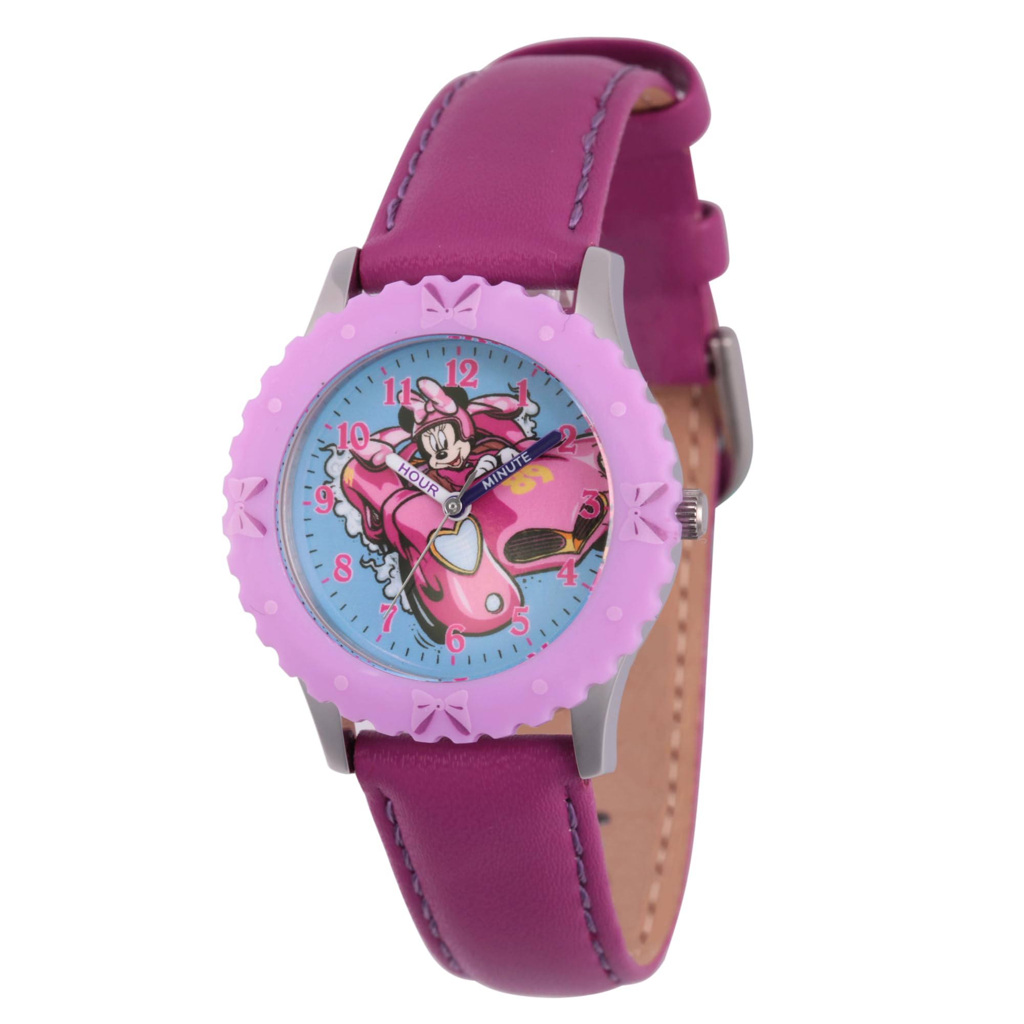Disney Montre Minnie Mouse pour enfants de 3 à 7 ans avec cadran audacieux – Cadeau pour les enfants qui aiment les jouets Minnie – Lunette rose et bracelet en cuir rose – Achetez et obtenez 1 montre