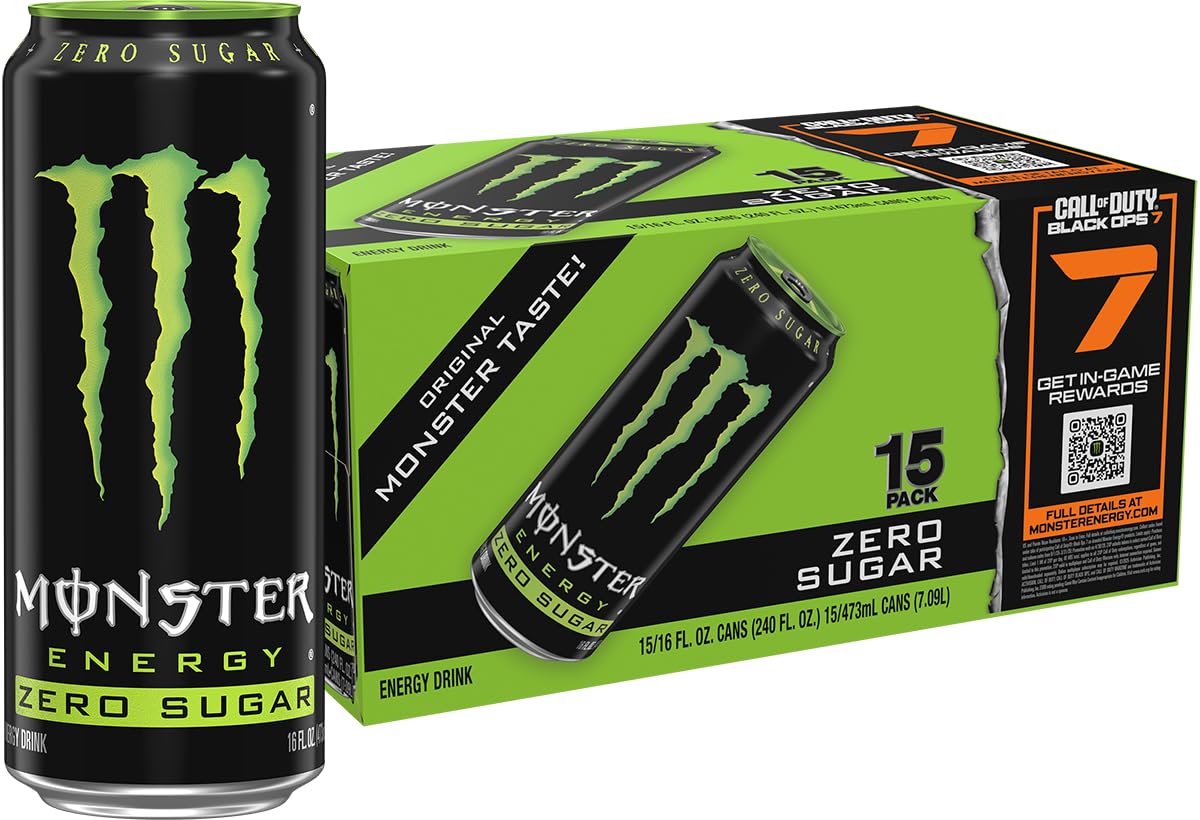 Monster Energy Zero Sugar, Green, Original, Low Calorie Energy Drink, 16 ounce (Pack of 15)