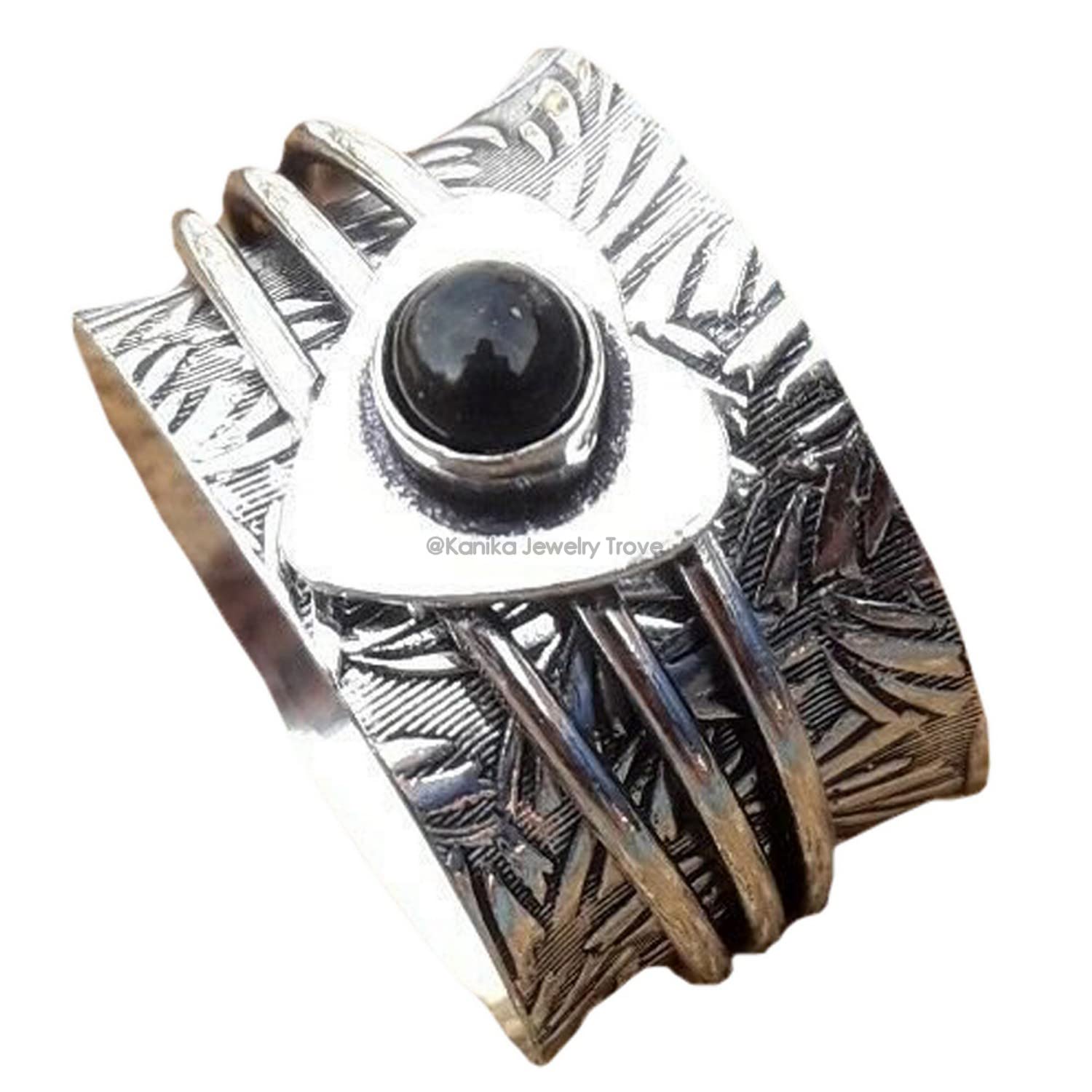 Einzigartige Textur Spinner Ring, 925 Sterling Silber Bandring, kleiner Messing, Kupfer Spinnring für Frauen, Angstring für Meditation, Daumenringe, Geschenkring zum Muttertag (schwarzer Onyx, 7)