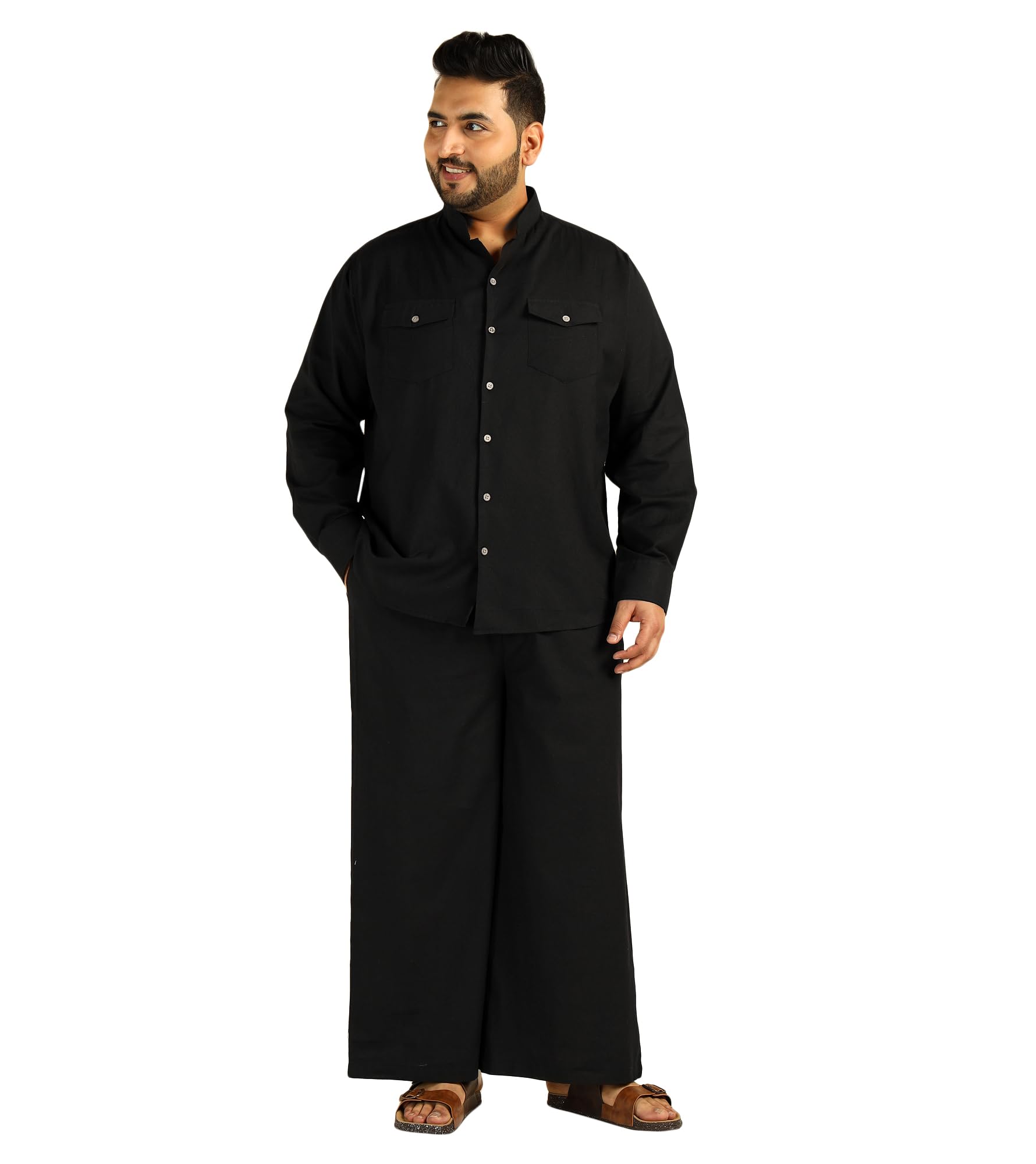 amanush Men's Solid Cotton Shirt with Bell Bottom Pant Cord Set|Mens Kurta Pajama Set|Plus Size Co ords for Men Fashion|Beach Casual Wear|Two Piece|Mandarin Collar|Full Sleeve(Black)-picture-17