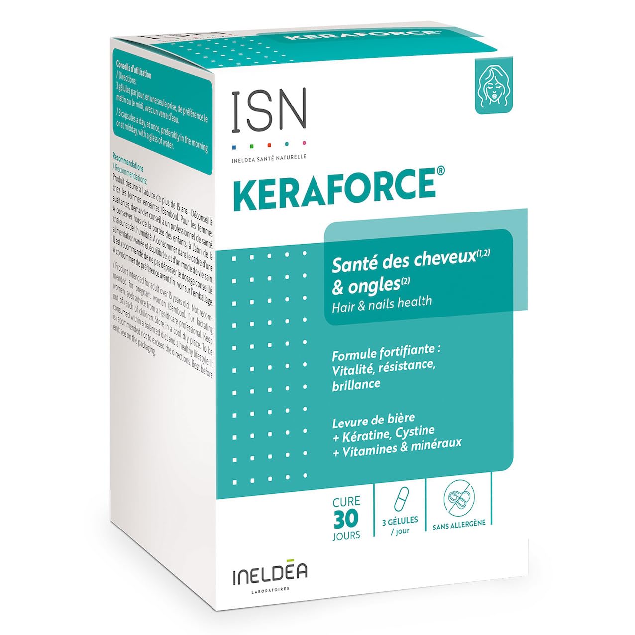 Ineldea Santé Naturelle - Keraforce - Nourrit les cheveux et les ongles - Améliore la résistance et la beauté - Kératine + Levure de Bière + Vitamines - Cure 30j