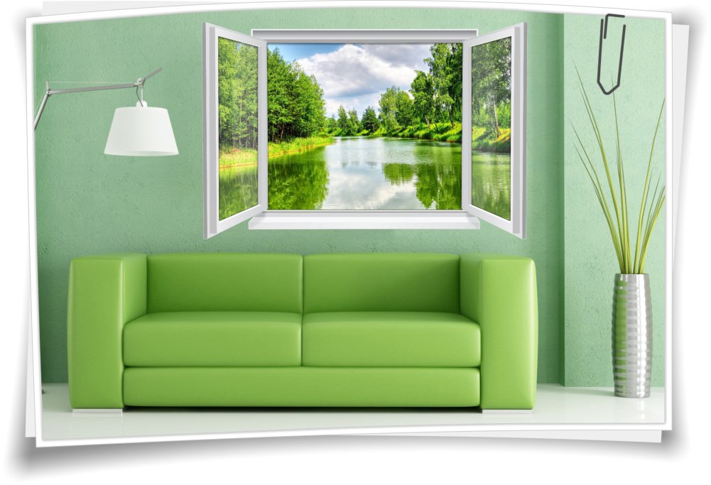3D Fenster Wandbild Wandtattoo Aufkleber Wasser Fluss Natur Urlaub Wohnzimmer Deko, 120x80cm