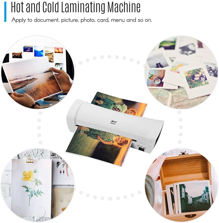 Examples of items that can be laminated: documents, photos, cards, and menus.